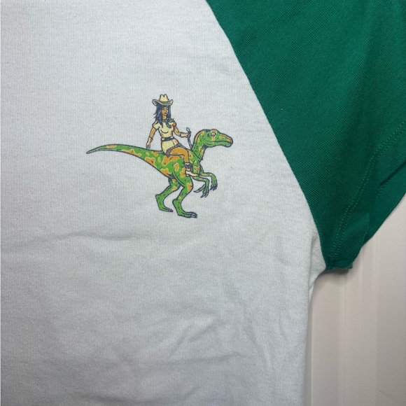 Desert Wild Green and White Dinosaur Cowgirl Raglan Tee Size L - Picture 2 of 5